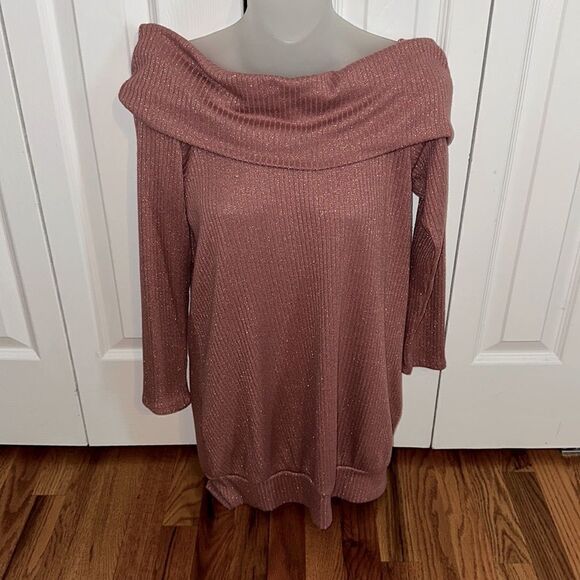 Sweet Claire Iridescent Pink Mauve Gold Off Shoulder Sweater Shirt Top Blouse M - Picture 1 of 5